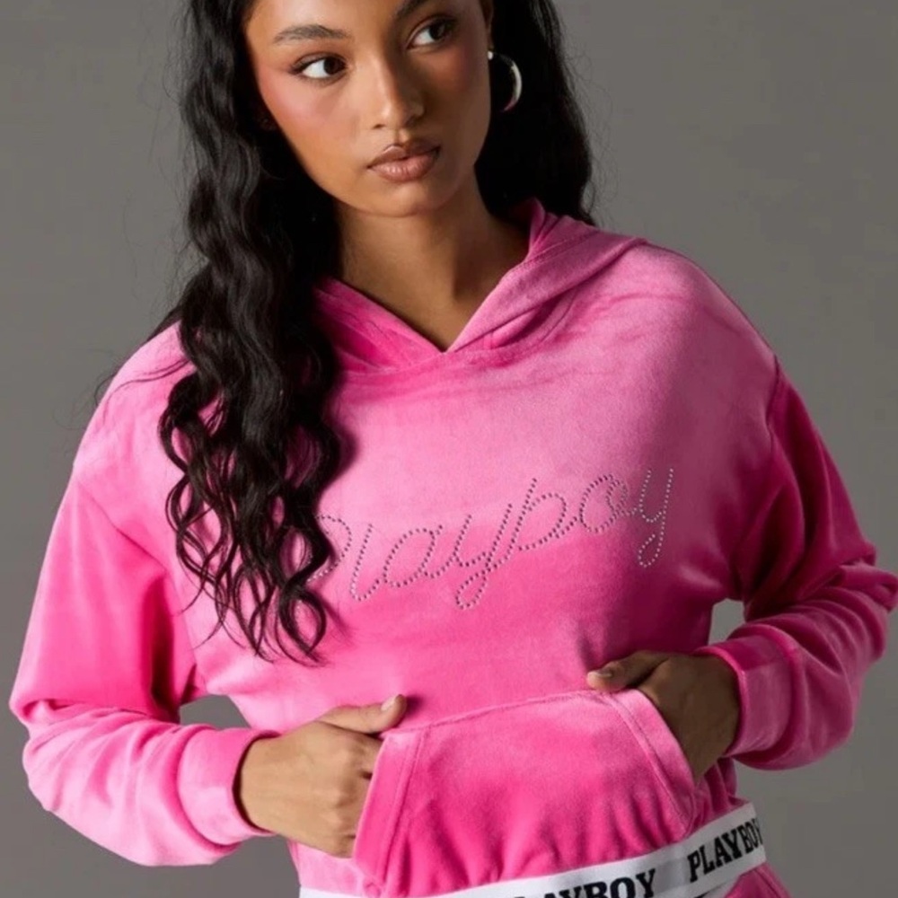 New playboy Rhinestone Velour Cropped Pink hoodie size Medium